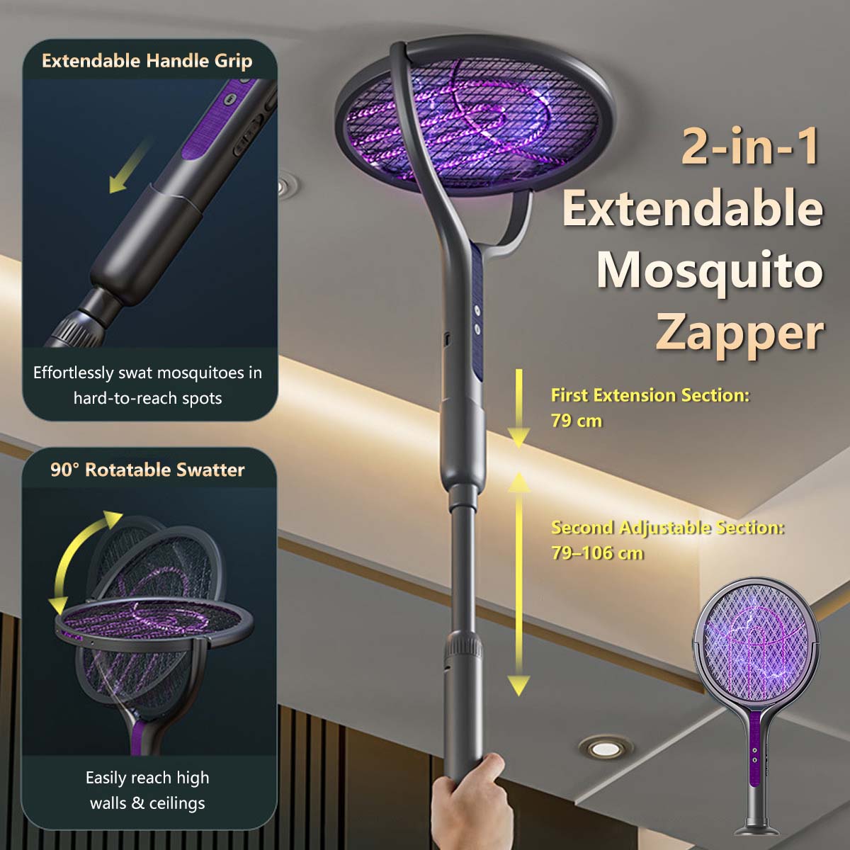 2-in-1 Extendable Mosquito Zapper – High Voltage, Silent Mode, Type-C Charging, Foldable Head, Safe for Home Use