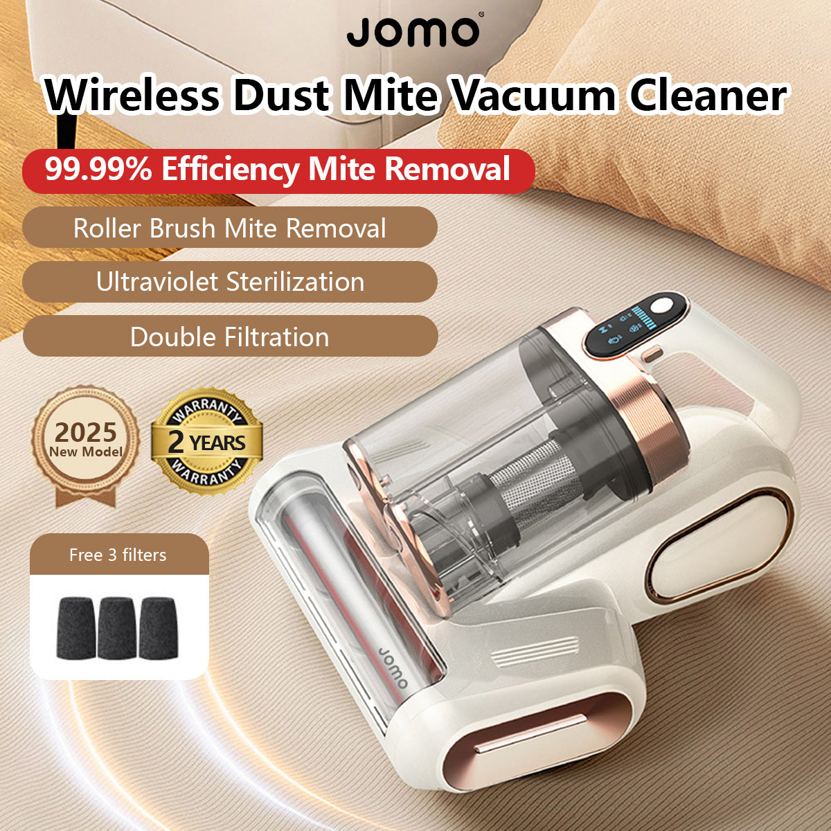 JOMO 13000Pa Powerful Suction Wireless Double Cups Dust Mite Vacuum Cleaner Sterilization Disinfection UV Mite Removal Vacuum