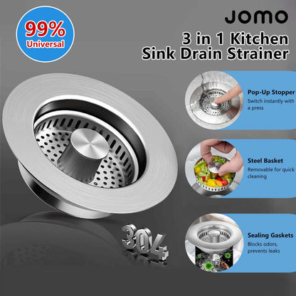 3 in 1 Kitchen Sink Drain Strainer Stainless Steel Basket, Stopper & Filter