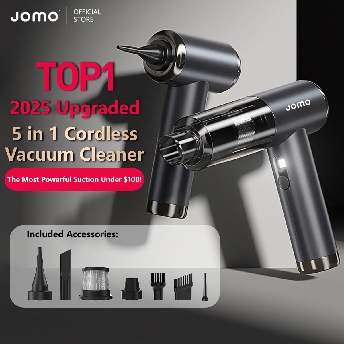 【2025 NEW】JOMO 5-in-1 Cordless Handheld Car Vacuum 30000Pa Cleaner Mini Vacuum Brushless Motor