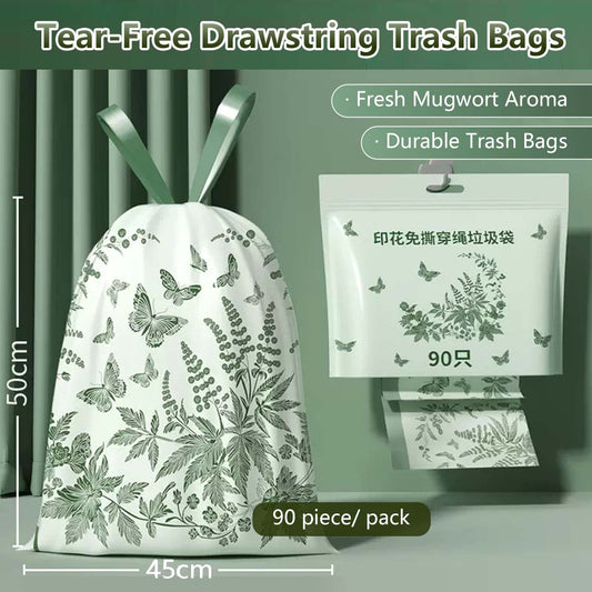Tear-Free Drawstring Trash Bags Herbal Mugwort Aroma Durable Trash Bags Leak-Proof (90 Pieces / Pack)