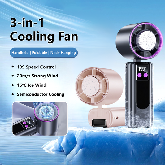 3-in-1 Cooling Fan 199-Level Cooling Portable Handheld Desktop USB Rechargeable Lanyard Easy Carry