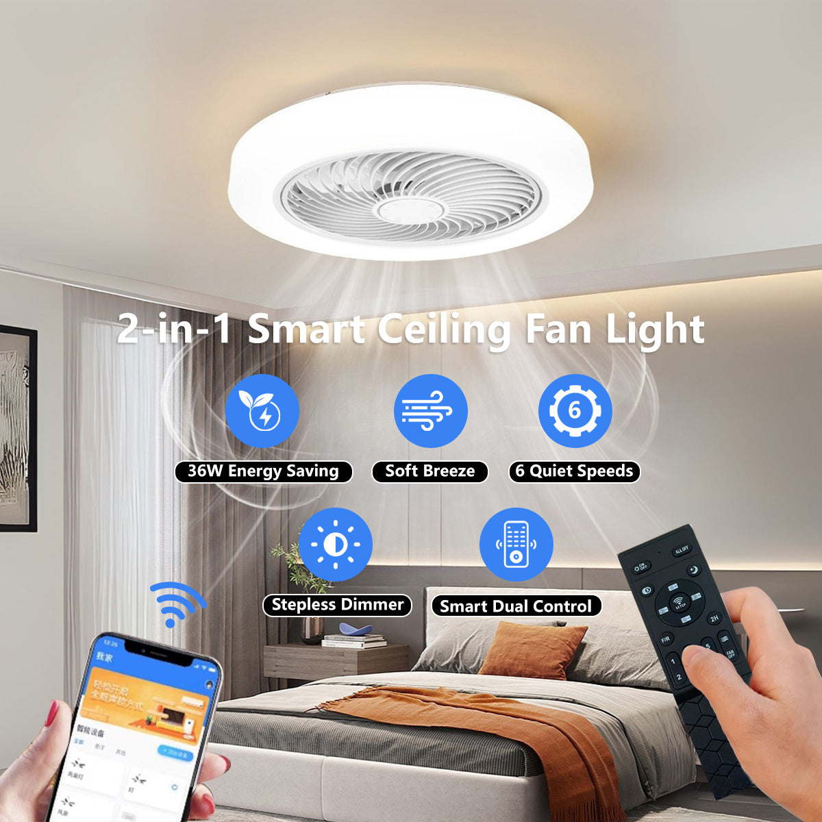2-in-1 Smart Ceiling Fan Light 45cm - 6 Speed, APP+Remote, 3 Color Lights, Timer for Bedroom