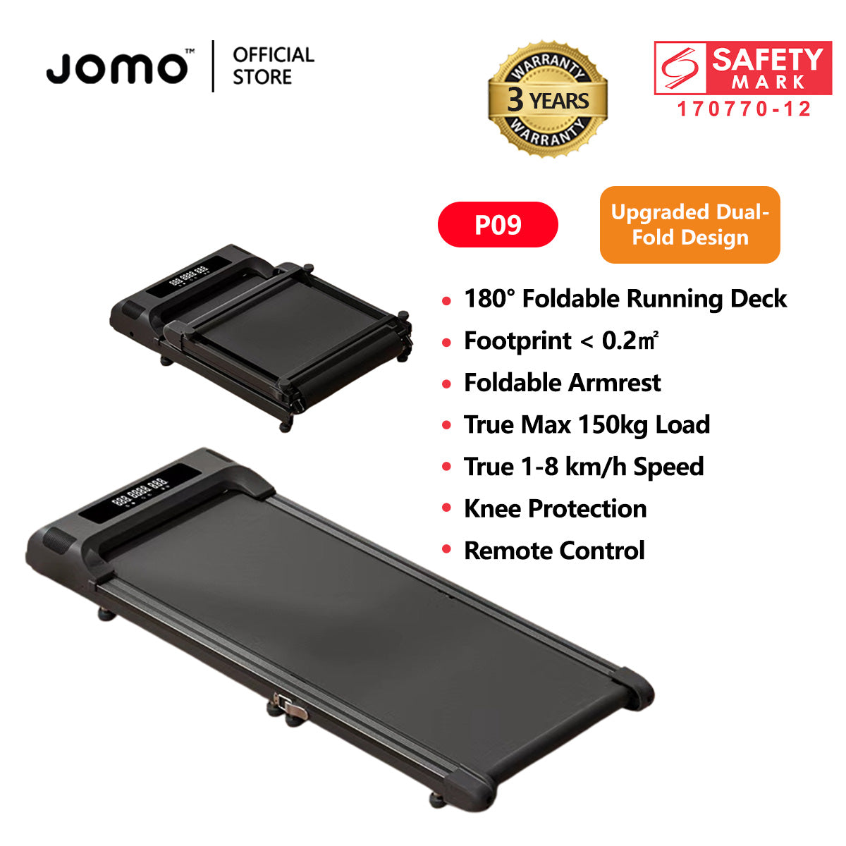 JOMO 2 in 1 Foldable Treadmill | 150kg Load | 3HP Motor | Remote Control | Home Use