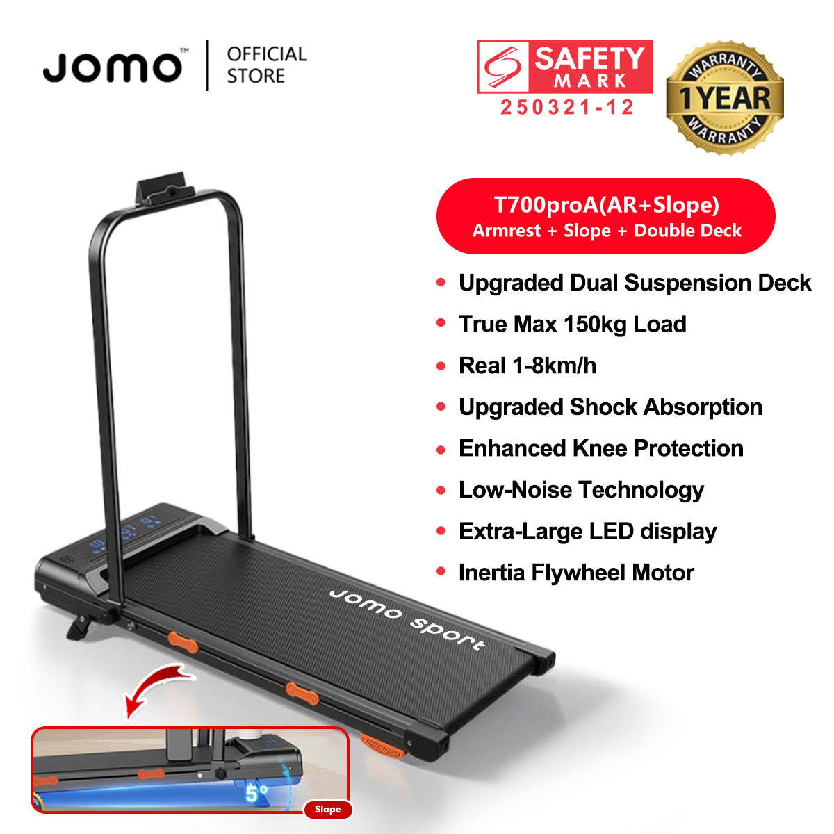 JOMO Foldable Treadmill Upgraded Dual Suspension Deck Treadmill LED Display incline Shock Absorption