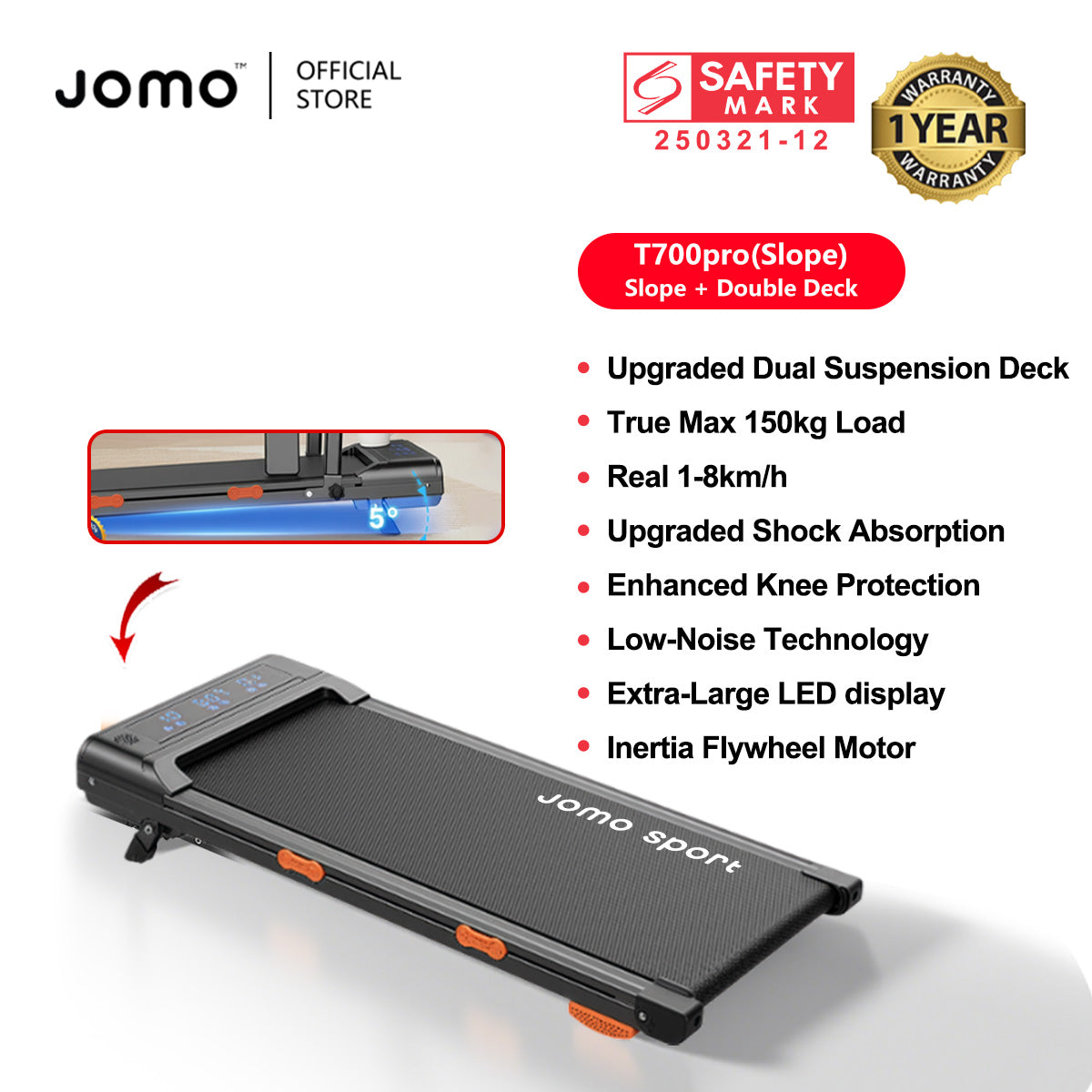 JOMO Foldable Treadmill Upgraded Dual Suspension Deck Treadmill LED Display incline Shock Absorption