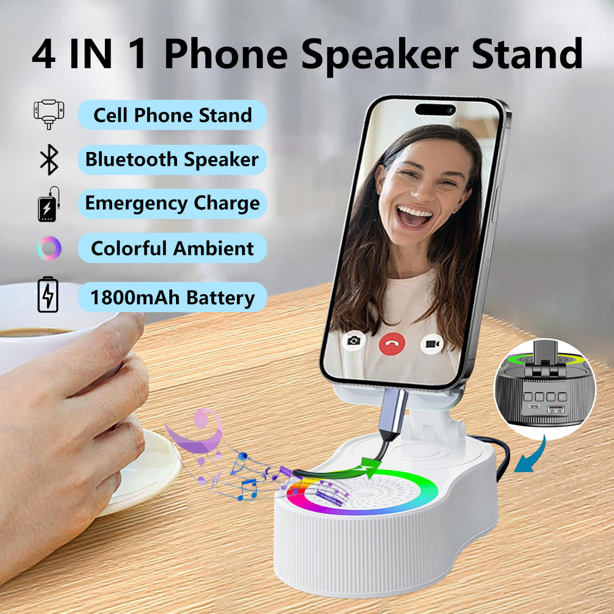 ✨4-in-1 Bluetooth Speaker Stand – 1800mAh Battery RGB Light, 360° Rotate, Foldable & Phone Holder