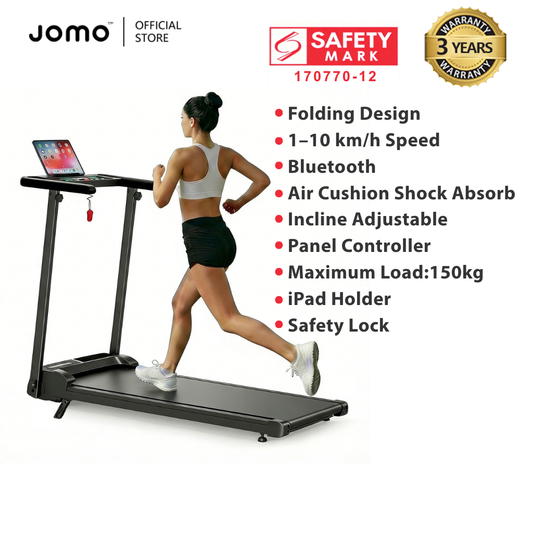 JOMO Ultra Quiet Foldable Treadmill Low Noise Motor 150kg Max Load Incline iPad Holder Shock Absorption