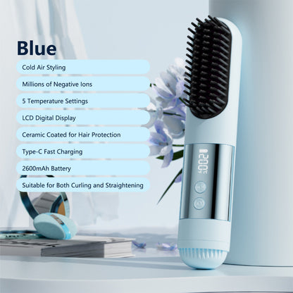 2-in-1 Cordless Cool-Air Styling Brush Portable Cordless Hair Straightener Curler