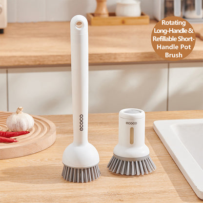 Multi Function Pot Brush Rotating Long-Handle & Refillable Short-Handle Pot Brush Set