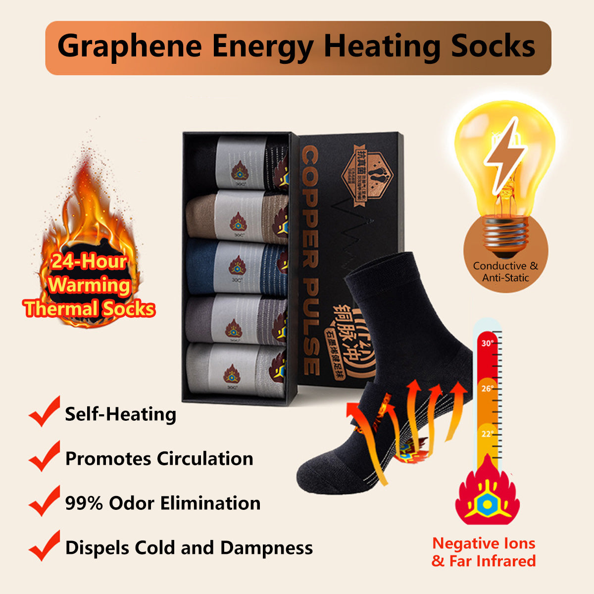 Graphene Energy Heating Socks Warmth Far Infrared Winter Thermal Heat Socks