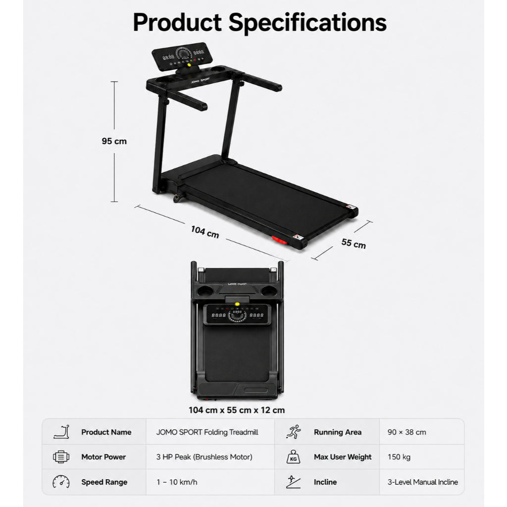 JOMO Ultra Quiet Foldable Treadmill 150kg Max Load Incline Shock Absorption