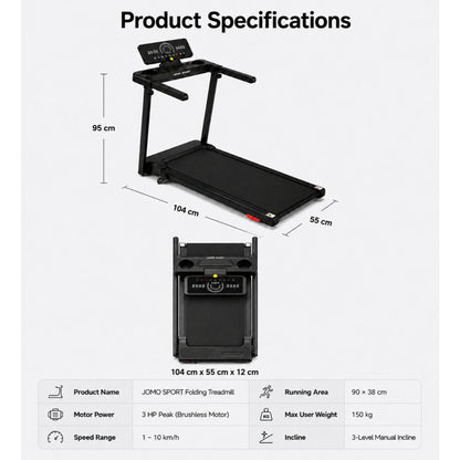 JOMO Ultra Quiet Foldable Treadmill 150kg Max Load Incline Shock Absorption