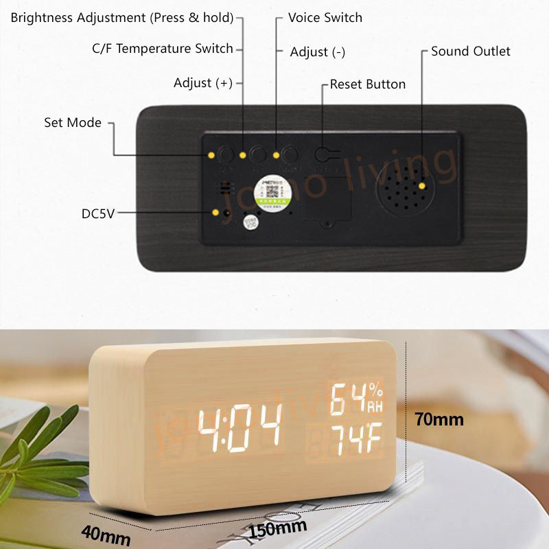 3 in 1 Humidity Temperature Digital Alarm Clock Digital Wooden bedside clock Hygrometer Thermometer