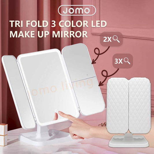 JOMO 2023 New Touch Tri-fold Dimmable LED Makeup Mirror Travel Essentials Cosmetic Magnifying Mirror