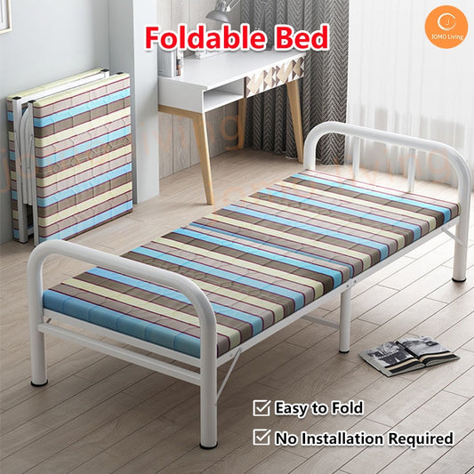 BED FRAME WITH FREE TOPPER Folding Single Double Bed Simple Portable Home Iron Metal Foldable Bed
