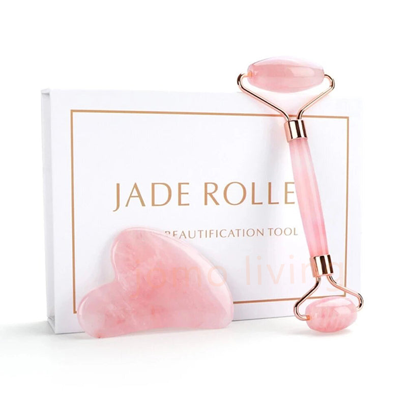 Pink Roller Natural Jade GuaSha Set Eyes Face Body Massage Rose Quartz Jade Gift Idea