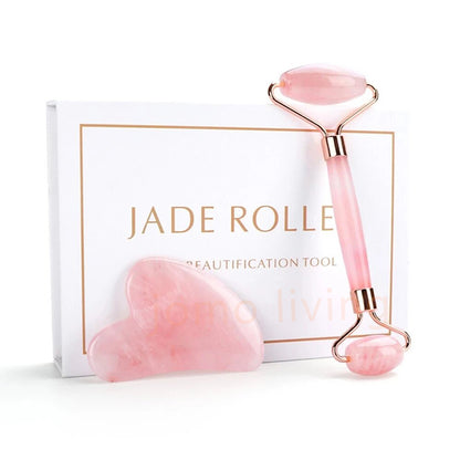 Pink Roller Natural Jade GuaSha Set Eyes Face Body Massage Rose Quartz Jade
