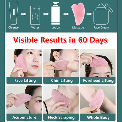 Pink Roller Natural Jade GuaSha Set Eyes Face Body Massage Rose Quartz Jade