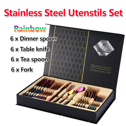 Stainless Steel Fork Spoon Multi-Color Cutlery Gift Set Utensils Set 24 pieces