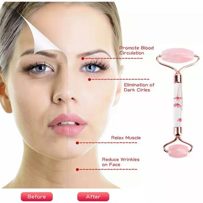 Pink Roller Natural Jade GuaSha Set Eyes Face Body Massage Rose Quartz Jade
