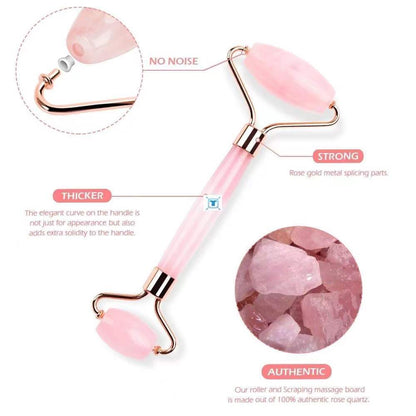 Pink Roller Natural Jade GuaSha Set Eyes Face Body Massage Rose Quartz Jade