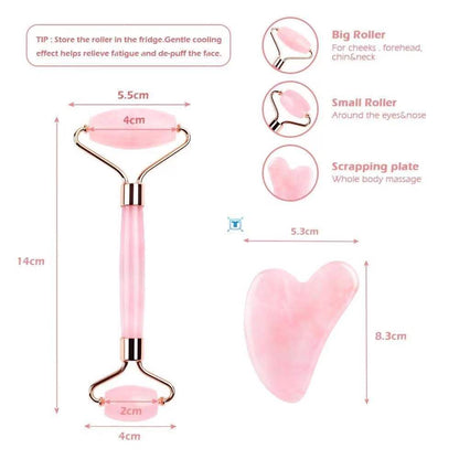 Pink Roller Natural Jade GuaSha Set Eyes Face Body Massage Rose Quartz Jade