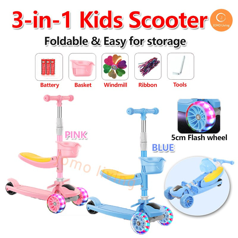 3-in-1 Kids Scooter Foldable Adjustable Seat & Slide 3 Wheels For Kids Toddler Gift Flashing